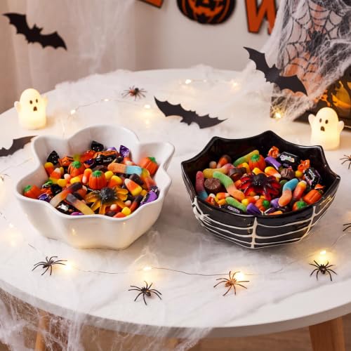 Halloween Ceramic Candy Bowls Set - Ghost and Spider Web Design, 2 Pieces, Black & White