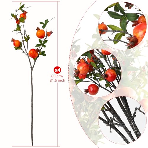 31.5in Faux Pomegranate Flower Stems - 4 Pieces Red Berry Decor for Vase & Holiday Arrangements