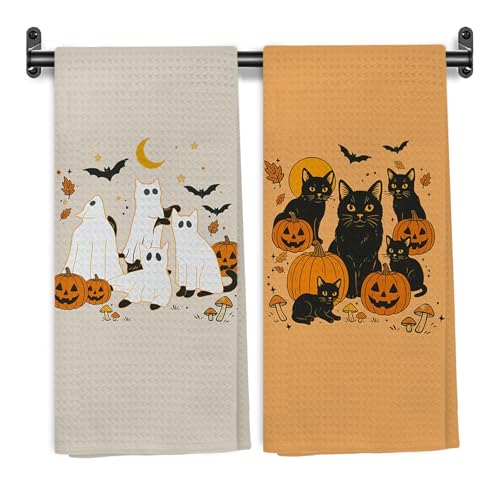 Halloween Black Cat Kitchen Towels - Fall Decor Hand Towels Set of 2
