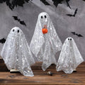 Halloween Ghost Table Decor Set - Silver Disco Wooden Ghosts with Pumpkin - 3 Pieces