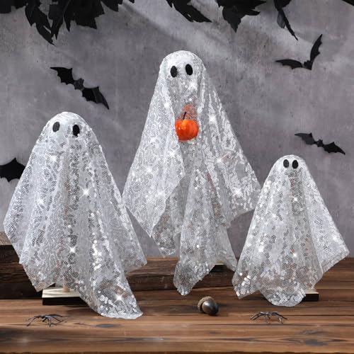 Halloween Ghost Table Decor Set - Silver Disco Wooden Ghosts with Pumpkin - 3 Pieces