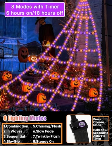 Halloween Web Lights with 550 LEDs & 8 Modes - Outdoor Spider Web Decor, 16.4ft, Waterproof, Timer, No Big Spider