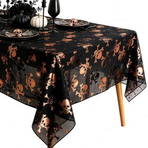 Halloween Skull Tablecloth 64x72 Inch Black and Gold Gothic Party Decor