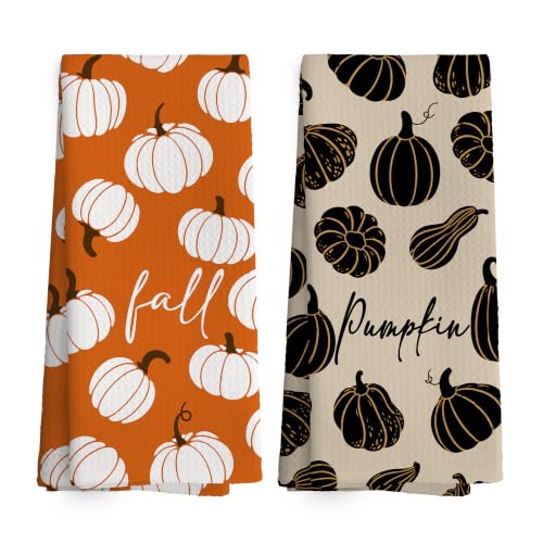 Fall Pumpkin Kitchen Towels Set of 2 - Rustic Dishcloths 16x24 Inches