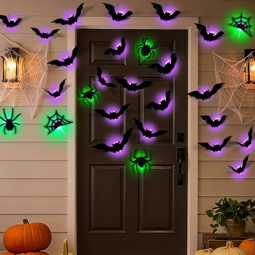 Halloween Bat Wall Decor with LED Lights, 3D Glowing Stickers - Spider Variation