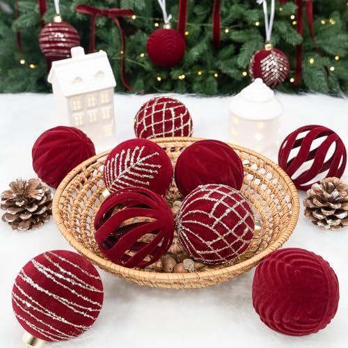 Velvet Christmas Tree Ornaments Bulk Set - Burgundy Flocked Balls, 12 Pieces