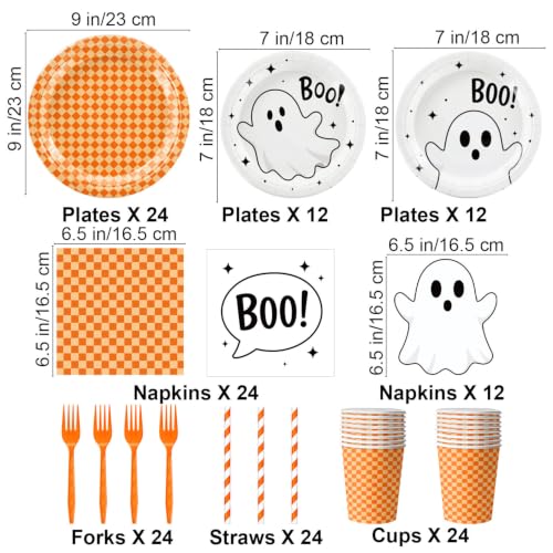 Halloween Party Supplies Set 156 Pieces Ghost & Orange Checkered Tableware