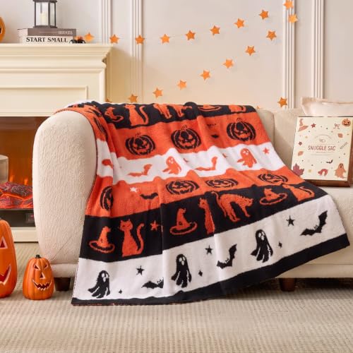 Reversible Halloween Throw Blanket with Black Cat Witch Hat Pumpkin Design - 50x60 inches - Cozy Home Decor