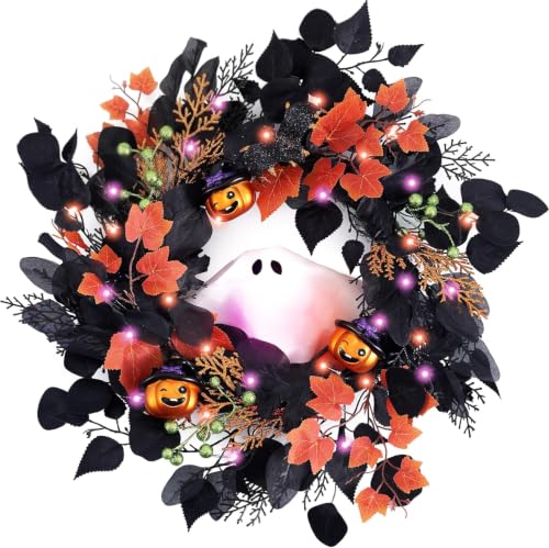 Halloween Ghost Wreath with Lights 20 Inch Front Door Decor - Spooky & Playful