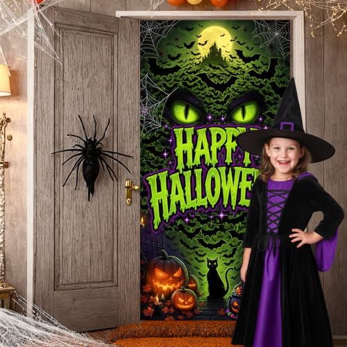 Halloween Door Cover Banner Black Cat Bat Pumpkin with Variation - Green