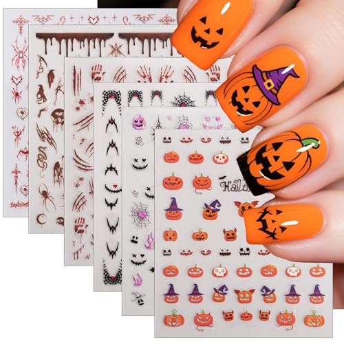 Halloween Nail Art Stickers Set - Bloody Horror Ghost, Spider Web & Pumpkin Designs - 6 Sheets Halloween Variation