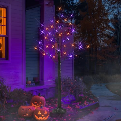 LED Halloween Birch Tree Lights 4FT 96 LEDs Purple & Orange Waterproof Indoor Outdoor Decor
