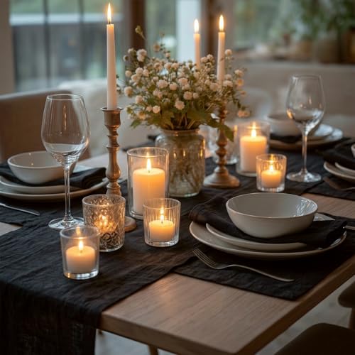 Pure Linen Table Runner Black 14 x 108 in - Solino Home Diana Variation