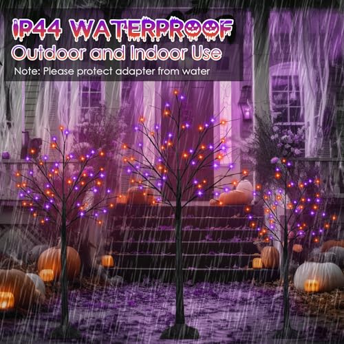 Set of 3 Black Halloween Tree with Orange and Purple LED Lights - 4ft, 5ft, 6ft, Indoor Outdoor Decor with Timer