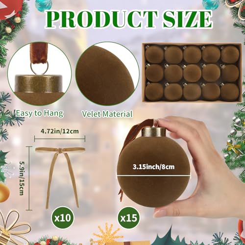Christmas Velvet Ball Ornaments Set - Brown 15pcs with 10 Bows - Flocked Holiday Decor - Variation of Brown