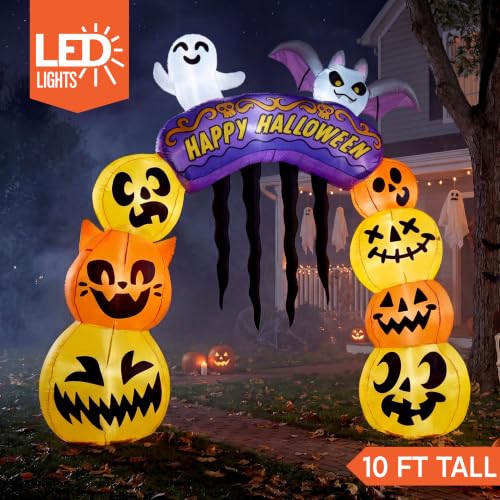 Halloween Inflatable Pumpkin Archway - 10FT Tall Outdoor Yard Decor with LED Lights - Orange Pumpkin Arch