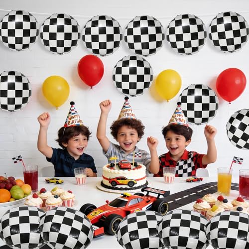 Black and White Checkered Balloons - 18 Inch Foil Race Car Party Decor, 15 Pack