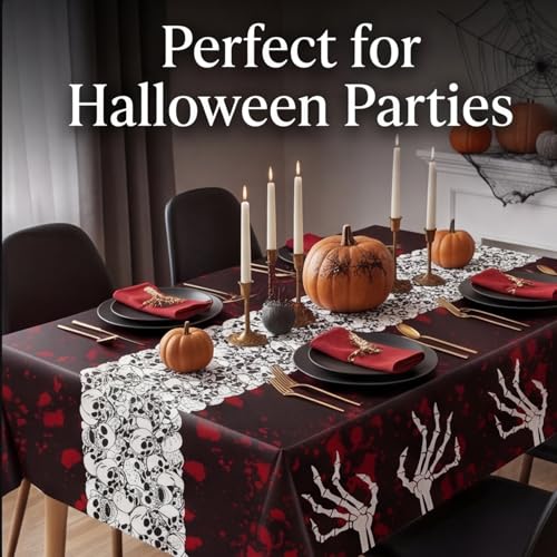 Halloween Tablecloth 54x108 Inch Spooky Gothic Skeleton & Blood Design Set