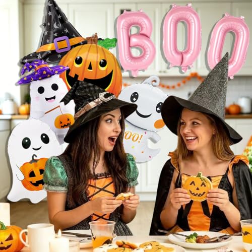 Halloween Foil Balloons Set with Ghost Pumpkin Witch Hat Pink Boo Decorations
