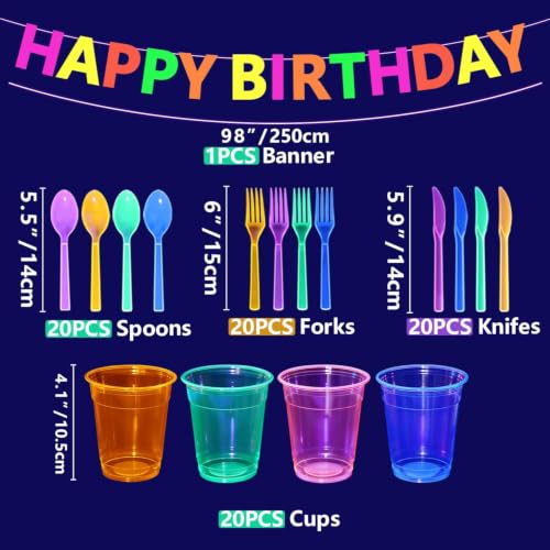 Glow in the Dark Party Supplies Set - Happy Birthday Variation - Serves 20