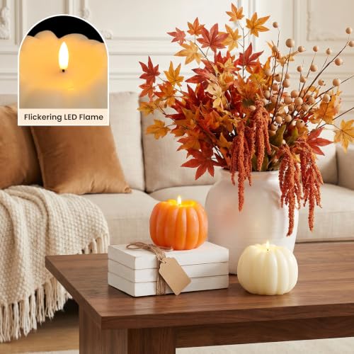 Large Flameless Pumpkin Candle - Fall Decor with Remote Control - Orange & White - ARIKJ