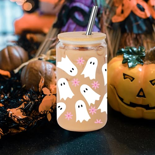 16oz Halloween Ghost Coffee Tumbler with Lid & Straw - Spooky Gift