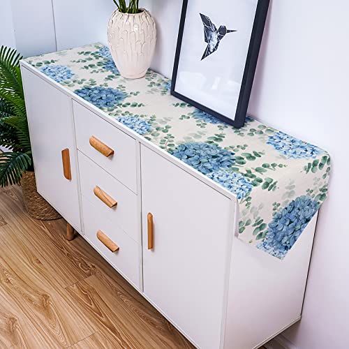 Farmhouse Eucalyptus Blue Hydrangea Linen Table Runner 13x72 Inch - Washable Non-Slip Decor