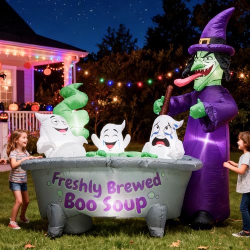 6ft Halloween Inflatable Witch Cauldron with Ghosts RGB LED Lights Yard Decor