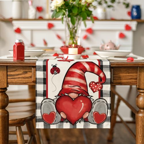 Buffalo Plaid Gnome Valentine's Day Table Runner 13x72 Inch - Black White