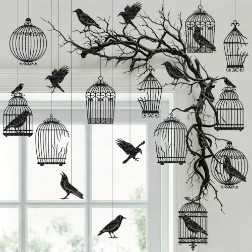 Crow and Cage Halloween Glitter Decor Set - Gothic Party Supplies, Indoor Outdoor Decorations