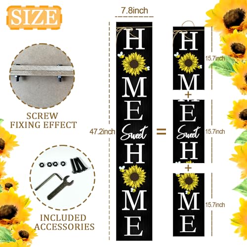 Black Sunflower Welcome Porch Sign for Front Door - Rustic Vertical Farmhouse Decor - 7.8x47.5 Inches