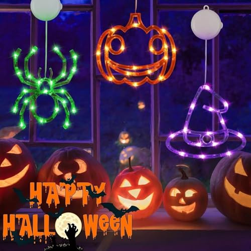 Halloween Window Lights Set - Pumpkin, Witch Hat & Spider Shapes, 3 Pack (Orange Purple Green)
