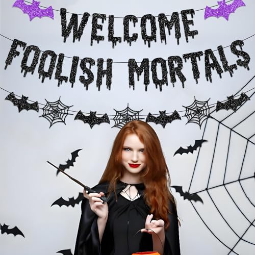 White Welcome Foolish Mortals Halloween Banner No-DIY Party Decoration