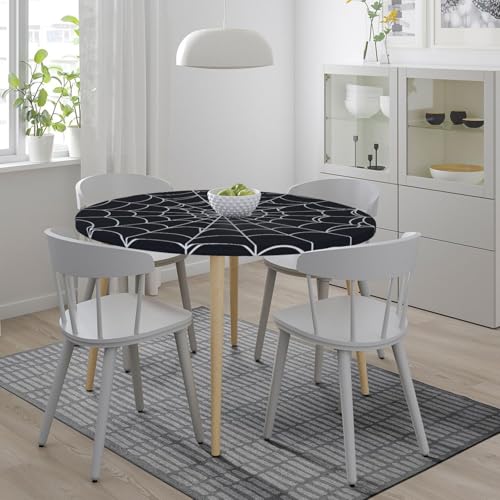 42-Inch Spider Web Halloween Round Tablecloth with Elastic Edge, Washable & Reusable