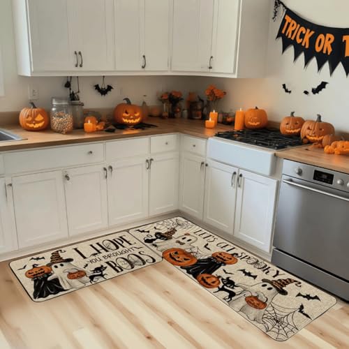 Halloween Black Cat Kitchen Mat Set - 2-Pack Non-Slip Decor Rugs, 17x29 & 17x47