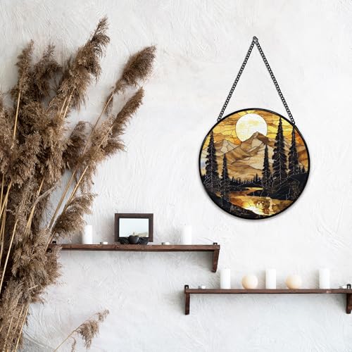 Mountain Sunset Suncatcher - Rustic Stained Glass Window Art - Variation Color13