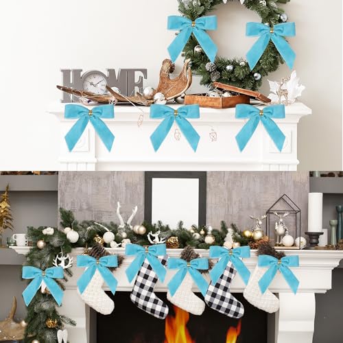 Blue Christmas Bow Set - Velvet Ribbon Wreath Ornaments & Holiday Decorations