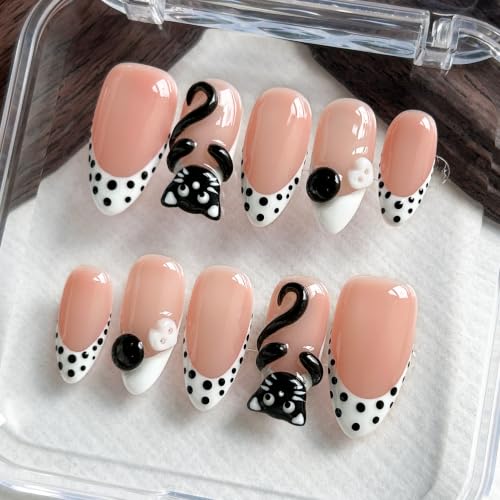 Press On Nails - Handmade Almond French Tip Fake Nails with Black Cat & Pots, 10 Pcs - Variation: Black Cat / M