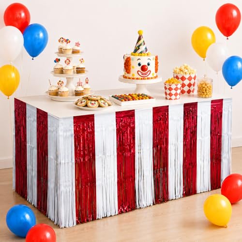 Carnival Circus Theme Table Skirts 2 Pack - Red and White Party Decorations
