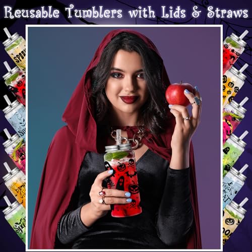Halloween Plastic Cups with Lids & Straws - 48 Pack, Ghost & Bat Designs