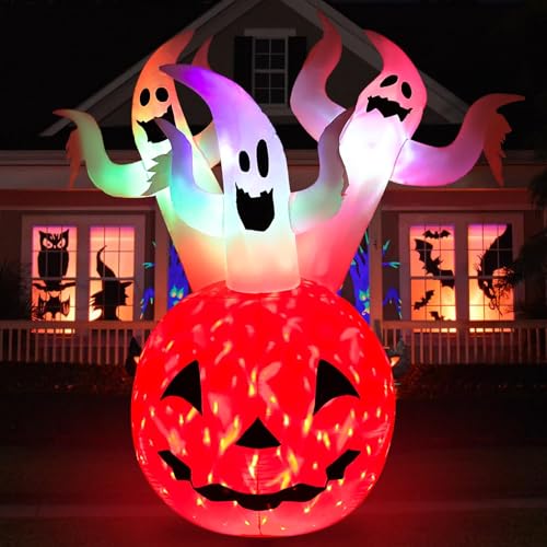 6ft Halloween Inflatable Pumpkin Ghost Yard Decor with RGB Lights and LED Flame