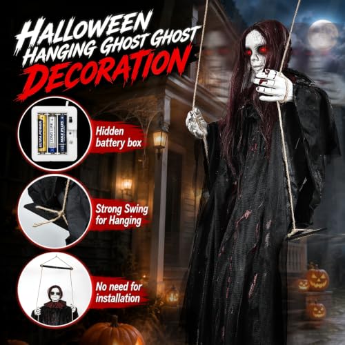 Hanging Ghost Halloween Decorations Outdoor 59-Inch Swinging Ghost Doll with Glowing Eyes