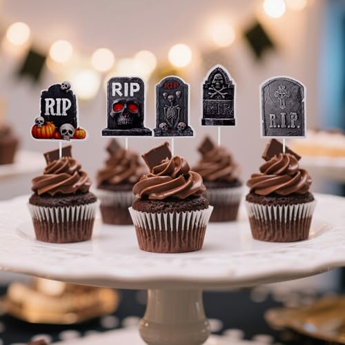 Halloween Cupcake Toppers Set with Tombstone Food Picks & Decorations