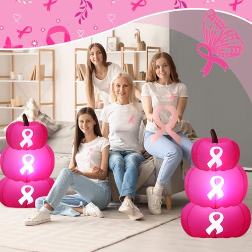 Pink Ribbon Inflatable Pumpkin Decorations - Breast Cancer Awareness Set of 3, 4 Feet Tall