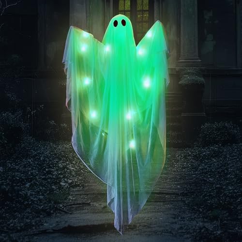 Halloween Hanging Ghost Light - Green LED Ghost Decoration, 47 Inches Waterproof Outdoor & Indoor Decor with Timer