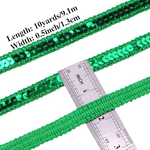 Green Sequin Ribbon Trim - 10 Yards Glitter Braid for Sewing & Crafts