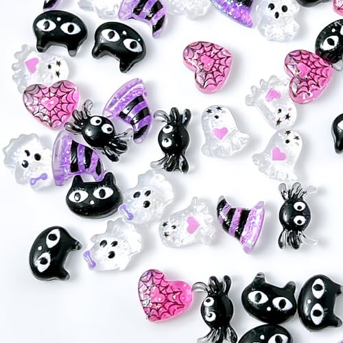 Halloween Nail Charms Set - Purple Ghost Spider Web Rhinestones & 3D Nail Gems - Variation 12