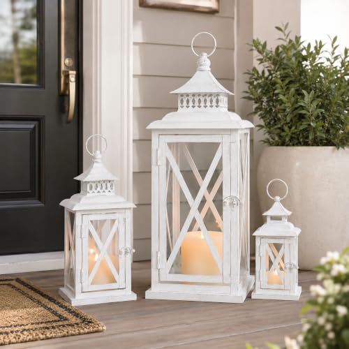 White 20”, 13”, & 9” Decorative Lantern Set - Indoor & Outdoor Candle Holders - Farmhouse Style - Variation: White / 20” & 13” & 9” / 3 Pcs