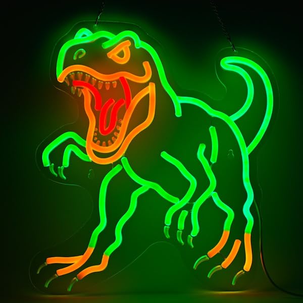 Green Dinosaur Neon Sign - Dimmable Jurassic T-Rex LED Light Decor - 14.5x13.6"