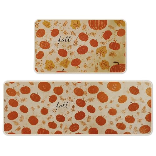 Halloween Kitchen Mat Set of 2 - Pumpkin Fall Design, 17x29 & 17x47 Inches - Orange Variation